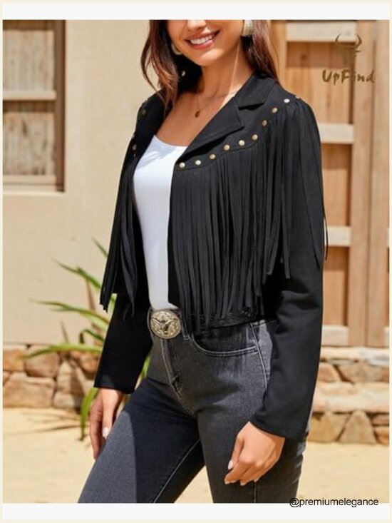 Faux Suede Leather Fringe Jacket Cropped Western Motorcycle Style - Picture 3 of 7